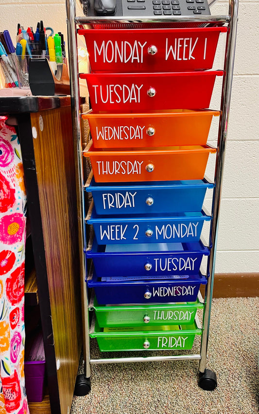 Rainbow Rolling Cart Drawer Decals - Classroom Labels - Teacher Lesson Plans and Worksheets - Days of the Week Planning