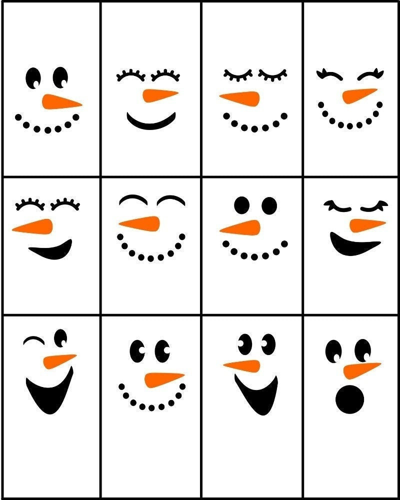 Snowman Face Decals Set of 12 - Vinyl Stickers for Winter Crafts, Christmas Ornaments, Mugs, Cups, Glasses - DIY Projects