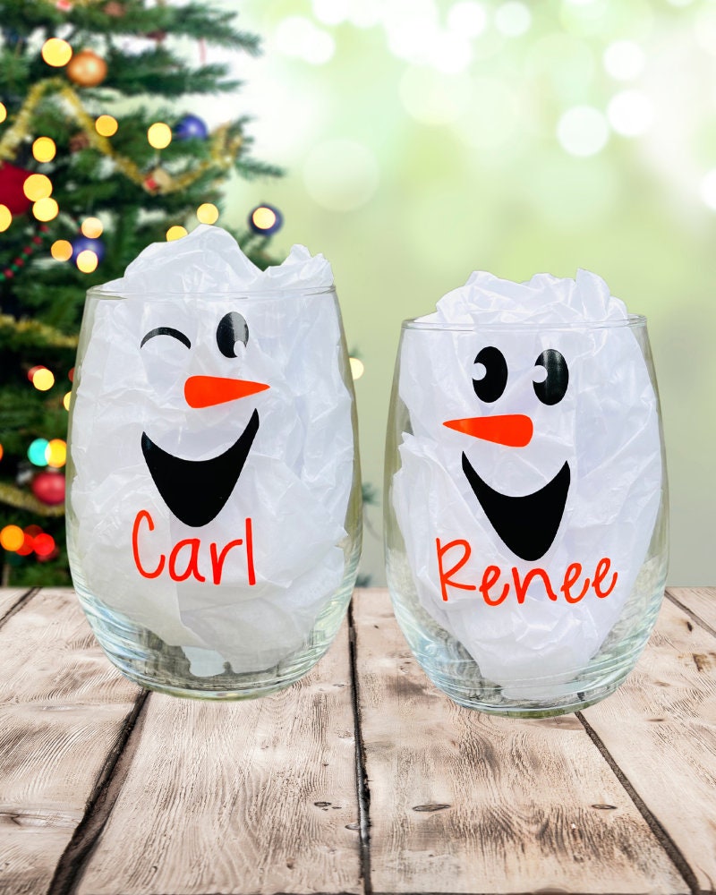 Snowman Face Decals Personalized with Names - Vinyl Stickers for Christmas Ornaments, Cups, Glasses - Winter DIY Projects & Crafts