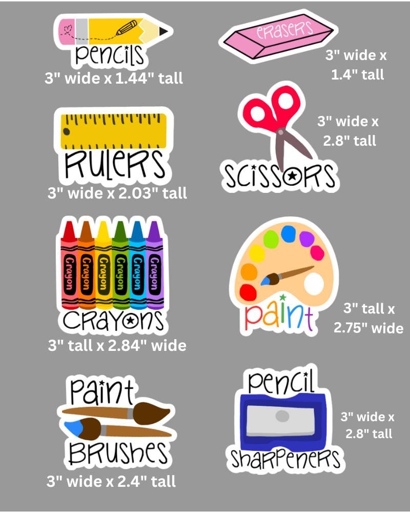 Classroom Stickers for Teachers & Student Supplies - Back to School Labels Pencils~Erasers~Crayons~Scissors~Rulers~Paint Brushes~Sharpeners