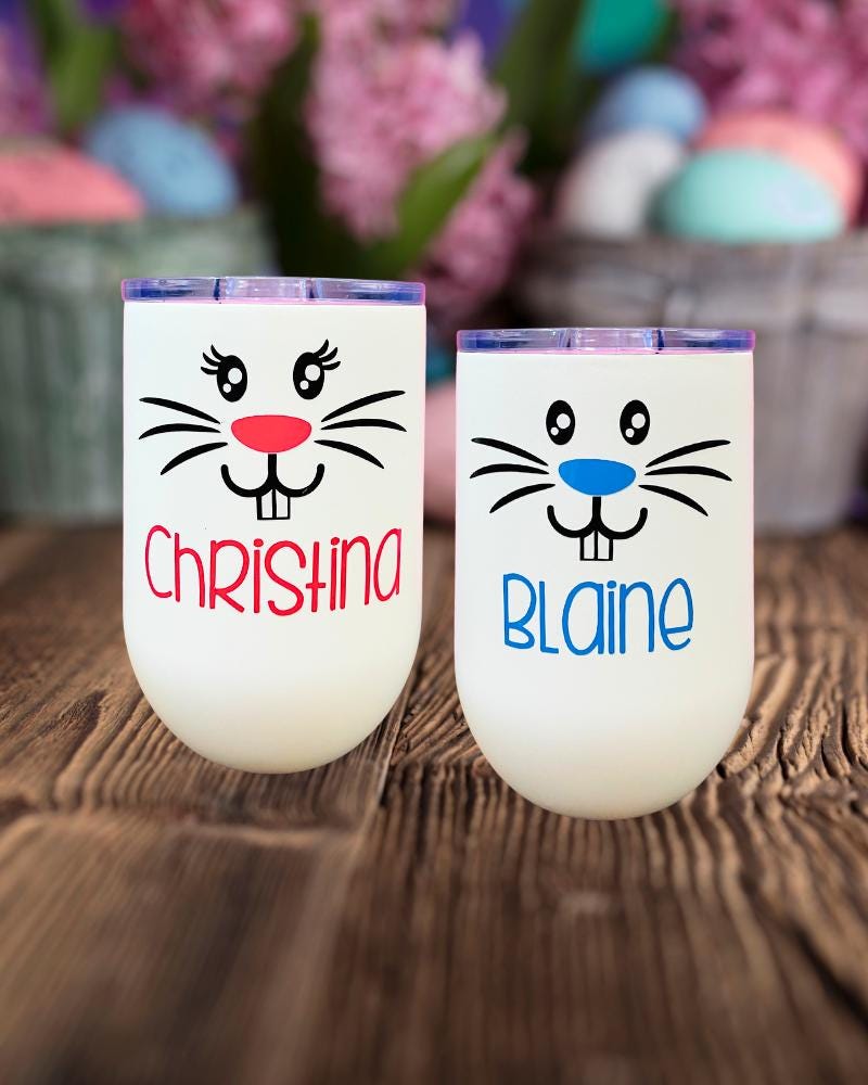 Easter Bunny Rabbit Face Decal Personalized with Name - Vinyl Stickers for Spring DIY Crafts - Bucket, Pail, Wine Glass, Mug