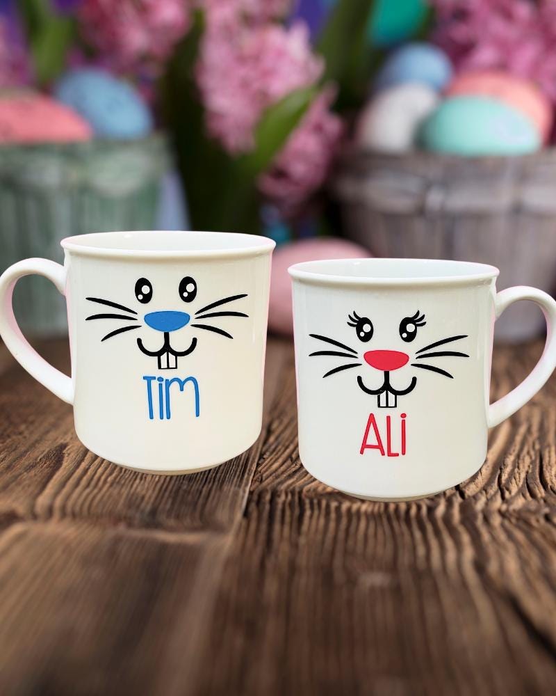 Easter Bunny Rabbit Face Decal Personalized with Name - Vinyl Stickers for Spring DIY Crafts - Bucket, Pail, Wine Glass, Mug