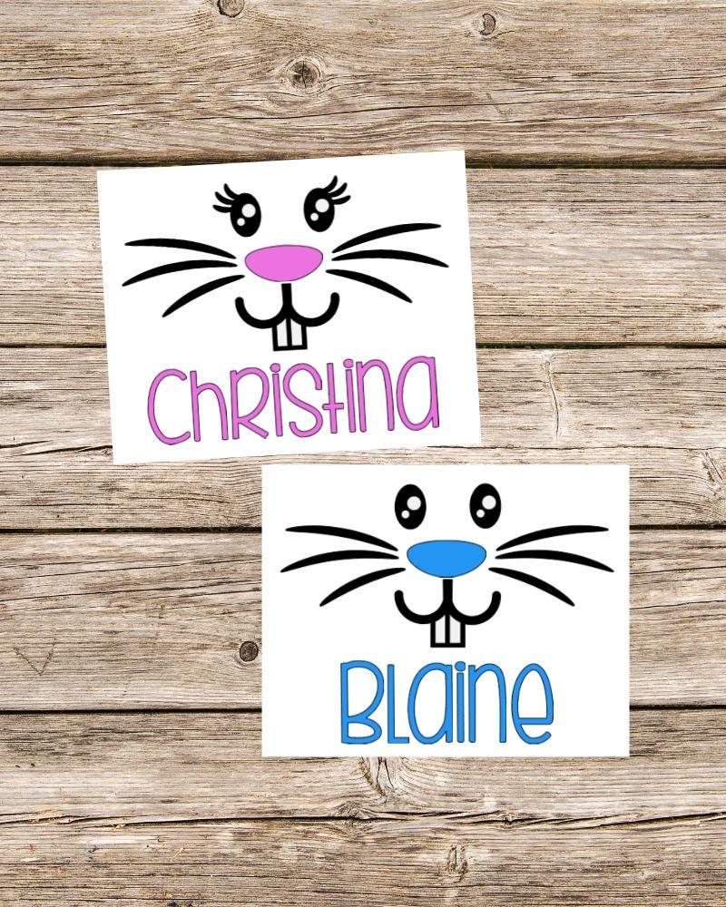 Easter Bunny Rabbit Face Decal Personalized with Name - Vinyl Stickers for Spring DIY Crafts - Bucket, Pail, Wine Glass, Mug