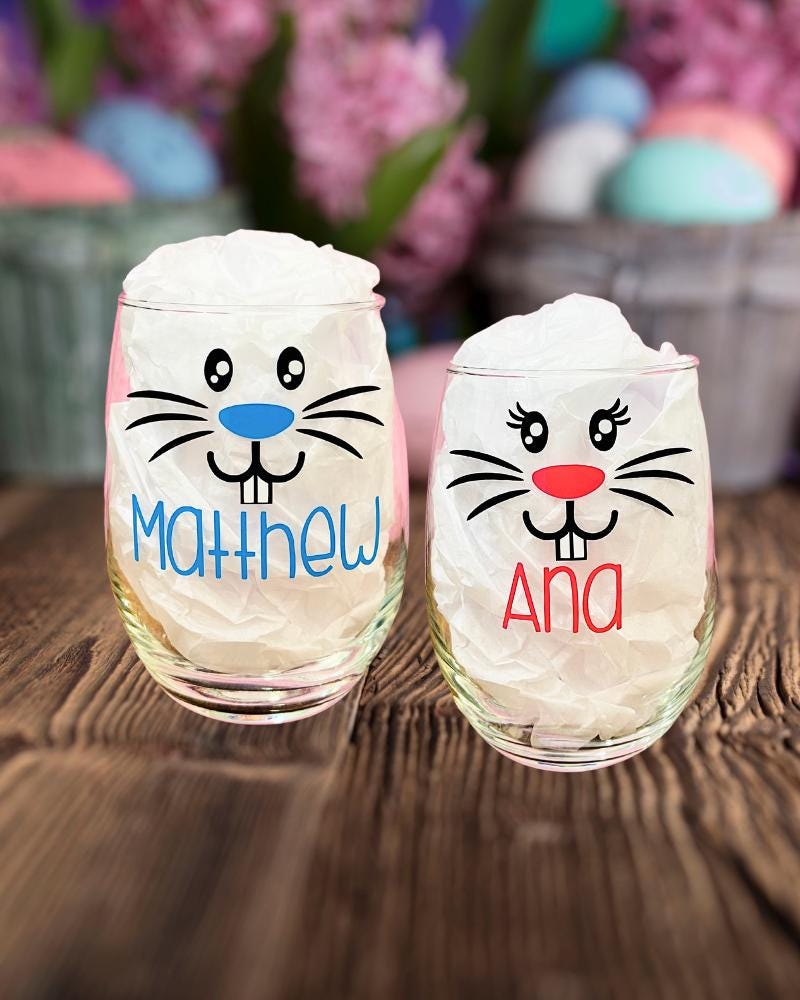 Easter Bunny Rabbit Face Decal Personalized with Name - Vinyl Stickers for Spring DIY Crafts - Bucket, Pail, Wine Glass, Mug