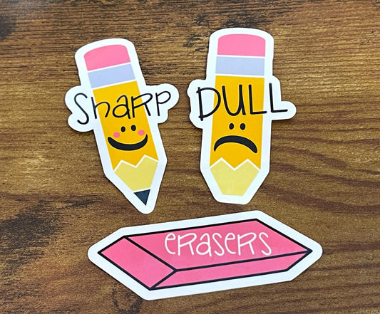 Sharp Dull Pencils and Erasers Sticker Set - Waterproof Cup Labels for Teachers - Back to School Classroom Organization