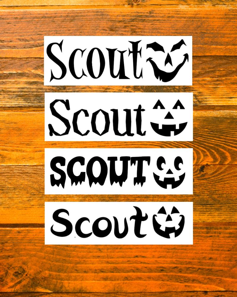 Halloween Name Decals - Personalized Vinyl Word Stickers with Jack O Lantern Pumpkin Faces for a Fall Party, Tumbler, Water Bottle or DIY Projects