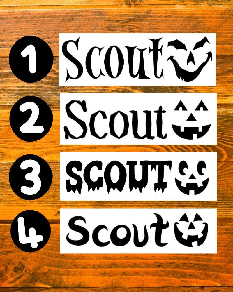 Halloween Name Decals - Personalized Vinyl Word Stickers with Jack O Lantern Pumpkin Faces for a Fall Party, Tumbler, Water Bottle or DIY Projects