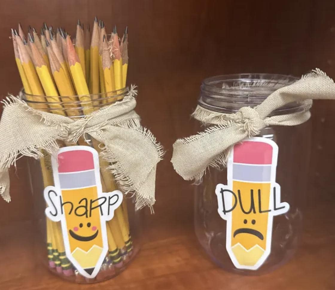 Sharp Dull Pencil Sticker Set - Waterproof Cup Labels for Teachers - Back to School Classroom Organization